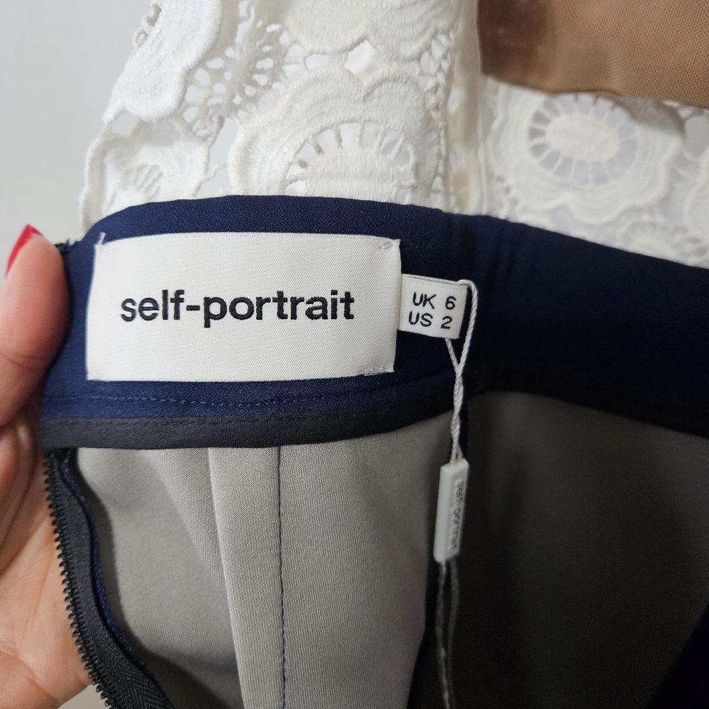 Self-Portrait White Guipure Lace A-Line Mini Dress Sz 2 White Navy Blue - Picture 11 of 13